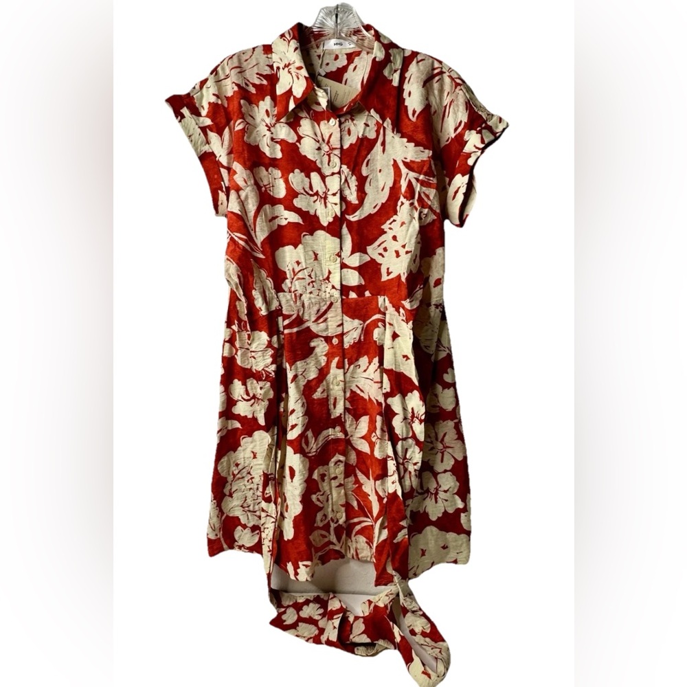 Mango Floral Shirt Dress Women’s Size Small Red Beige Bow Button Up Collared New